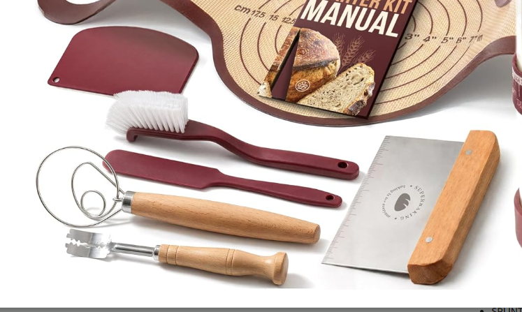 Dough whisk, scrapers, cleaning brush, bread lame, silicone mat, and starter kit manual
