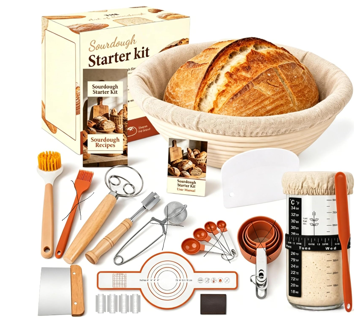 Complete sourdough kit with starter jar, banneton basket, tools, silicone sling, manual, recipe book, and gift box
